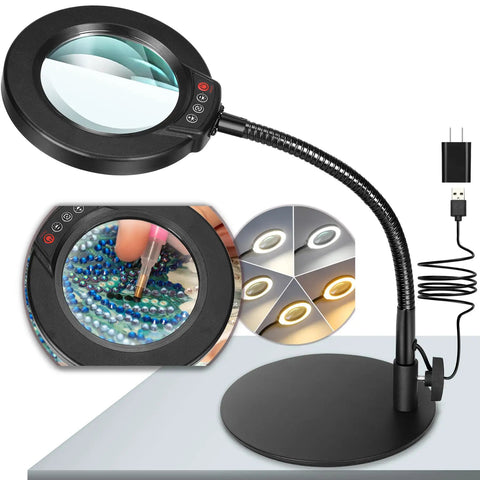 10X Magnifying Lamp with Light and Stand, 12.6 inch gooseneck, five color modes, stepless dimmable LED, hands-free tool on desk