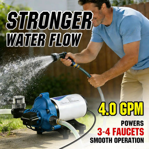 Man using On Demand 110V RV Water Pump Diaphragm, 4 GPM 50 PSI Fresh Water Pump With Pressure Switch to water garden