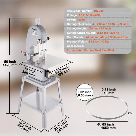 Pro Grade Heavy Duty Electric Meat Bandsaw 1500W Stainless Steel Vertical Bone Cutter with 19.3 by 15 Inch Frame, includes six blades