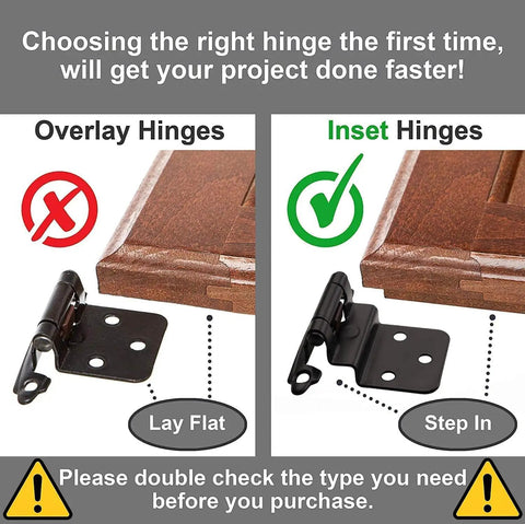 Comparison of overlay and inset hinges, showcasing the Three Eighths Inch Inset Cabinet Hinges Matte Black Self Closing Offset.