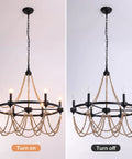 Natural Boho 28 Inch Chandelier With Wooden Bead Tassels And Rust Iron Black Wagon Wheel Frame, 6 Light Retro French Country Candle