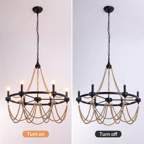 Natural Boho 28 Inch Chandelier With Wooden Bead Tassels And Rust Iron Black Wagon Wheel Frame, 6 Light Retro French Country Candle