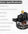 Close-up of Beefed Up 2205 2200KV Brushless Outrunner Motor for TRX4M 1/18 RC Crawler Upgrade, with specifications detail.