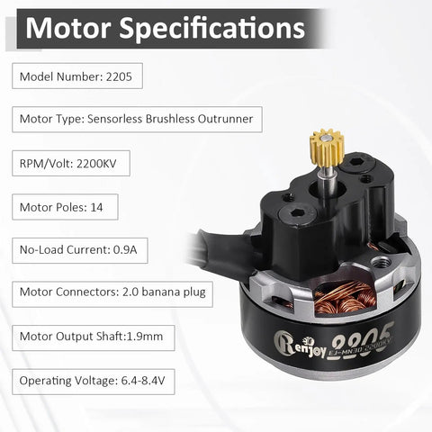 Close-up of Beefed Up 2205 2200KV Brushless Outrunner Motor for TRX4M 1/18 RC Crawler Upgrade, with specifications detail.