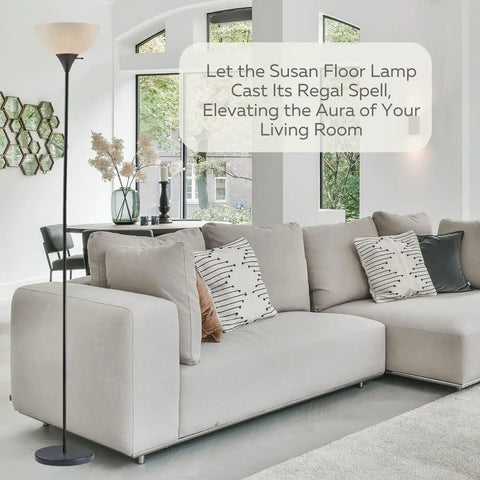 Dope Modern Black Floor Lamp With White Opal Bowl Shade, 72 Inch Tall Corner Light in a stylish living room setting