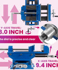 Durable Heavy Duty Cast Iron Cross Slide Bench Vise Six Inch Jaw XY Axis Milling Clamp with 8 and 9.4 inch travel features.