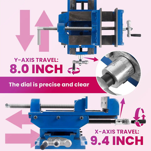 Durable Heavy Duty Cast Iron Cross Slide Bench Vise Six Inch Jaw XY Axis Milling Clamp with 8 and 9.4 inch travel features.