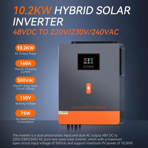 10200W Off Grid Solar Inverter With 48V DC To 230V AC Pure Sine Wave Output 160A MPPT Charge Controller
