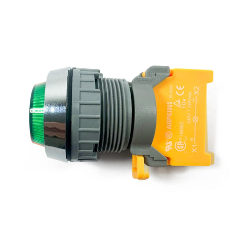 Green 30mm LED Pilot Indicator Light For 120V AC DC Systems, rugged industrial grade relampable bulb with bayonet base and screw terminals