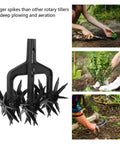 Heavy Duty Garden Rotary Cultivator And Soil Scarifier with long spikes for deep aeration, shown in garden use