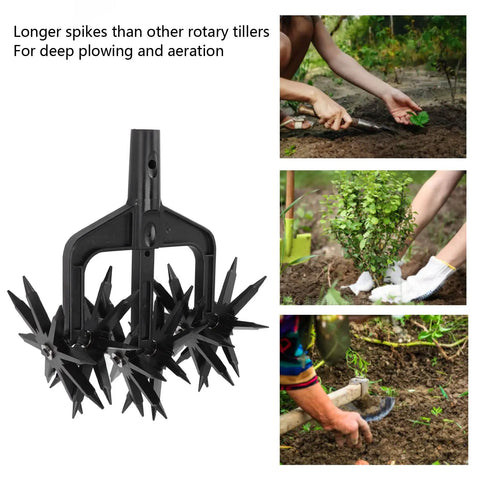 Stainless Steel Hand Rotary Tiller For Garden With Adjustable Tines, showcasing longer spikes for deep plowing and aeration.