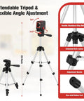 Tripod with laser level showing extendable design and features for 100ft Green Cross Line Rotary Laser Level With 360 Degree Rotation For Indoor Outdoor Use Self Leveling With Manual Lock Pulse Mode Vertical And Horizontal Lines IP54 Waterproof Battery Included.