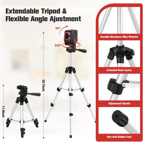 Tripod with laser level showing extendable design and features for 100ft Green Cross Line Rotary Laser Level With 360 Degree Rotation For Indoor Outdoor Use Self Leveling With Manual Lock Pulse Mode Vertical And Horizontal Lines IP54 Waterproof Battery Included.