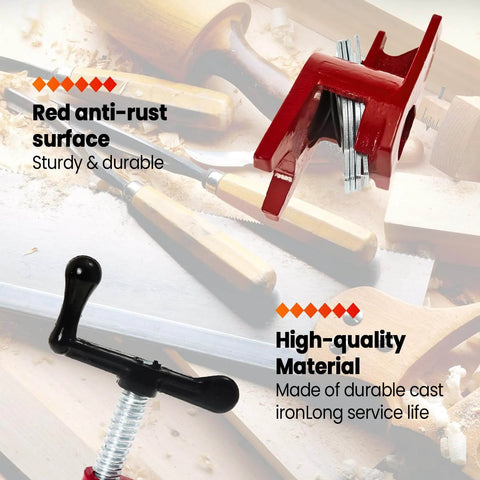 Heavy Duty 4 Pack 3/4 Inch Pipe Clamps With Foot Design For Woodworking, Gluing And Assembly, Cast Iron Fixture Set Built For Woodworking, Carpentry, Home Improvement, And DIY Projects in close-up view showing anti-rust surface and high-quality material.