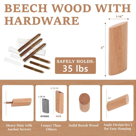 Heavy Duty Beech Wood Wall Hooks For Coats And Hats, Rustic Wall Mount Coat Rack Hangers For Bags, Towels And Purses