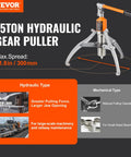 VEVOR 15-ton hydraulic gear puller with orange handle, three legs, 12-inch jaws, carrying case.