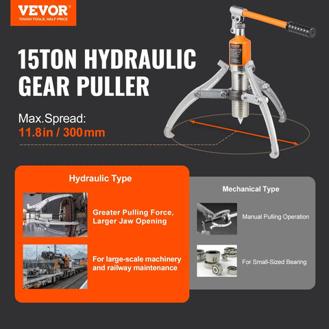 VEVOR 15-ton hydraulic gear puller with orange handle, three legs, 12-inch jaws, carrying case.