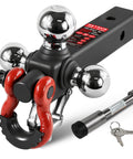 Tri Ball Trailer Hitch Mount With Swivel Tow Shackle And Hook For 2 Inch Receiver Chrome Trailer Balls in 1-7/8 Inch 2 Inch And 2-5/16 Inch Sizes