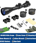 3-9x40 Rifle Scope With Red Green Illuminated Rangefinder Reticle, mounts, lens covers, cleaning cloth, gun sock, and CR2032 battery