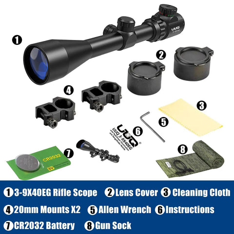 3-9x40 Rifle Scope With Red Green Illuminated Rangefinder Reticle, mounts, lens covers, cleaning cloth, gun sock, and CR2032 battery