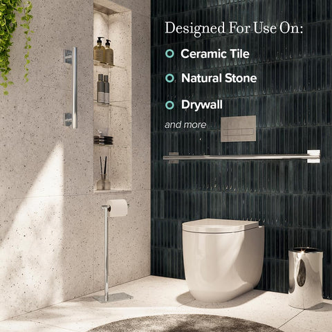 Elevate 24 Inch Chrome ADA Compliant Stainless Steel Safety Grab Bar in modern bathroom with text on wall surfaces.