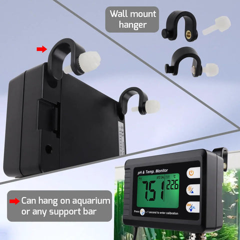 All In One pH and Temperature Meter for Aquariums and Hydroponics with wall mount hanger displayed