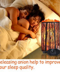 Himalayan Salt Lamp With Forest Design Metal Basket Natural Night Light With Dimmer Switch 25W Bulb Included ETL Cord Cozy Amber Glow To Boost Mood And Create A Chill Romantic Vibe. Couples sleeping next to glowing lamp on nightstand.