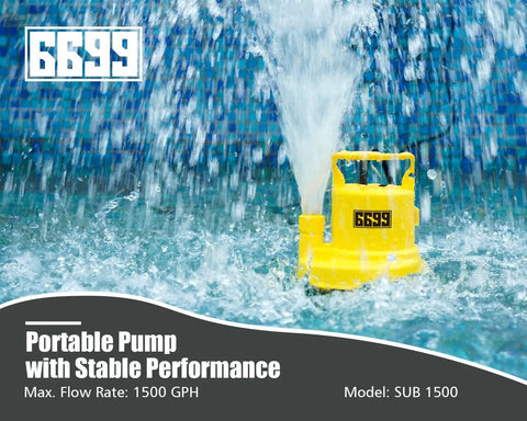 Heavy Duty Submersible Sump Pump One Quarter HP 1500 GPH Portable Water Transfer Pump in pool water, model SUB 1500
