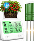 4 In 1 Wireless Soil Tester With Large Screen For Indoor Outdoor Plants Moisture Meter Soil Temperature And Sunlight Time No Guesswork Watering Tool For Lawn Garden Farm And Houseplants White, showing digital display and green probe