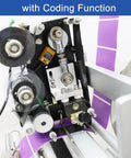 Close-up of the Plug And Go Automatic Flat Bottle Label Applicator Desktop Labeling Machine with Conveyor Belt and Print Coder.