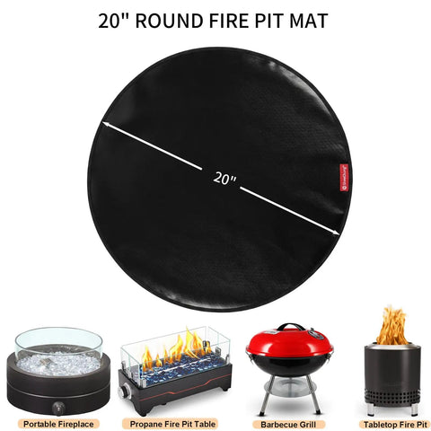 20 Inch Round Tabletop Fire Pit Mat Pro Grade Heat Resistant Silicone Countertop Protector for Solo Stove Mesa XL and Small Grills, shown next to various fireplaces and grills.