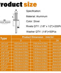 250 Piece 1/8 Inch By 1/2 Inch Silver Aluminum Blind Rivets With Stainless Steel Washers Kit specification and dimensions chart