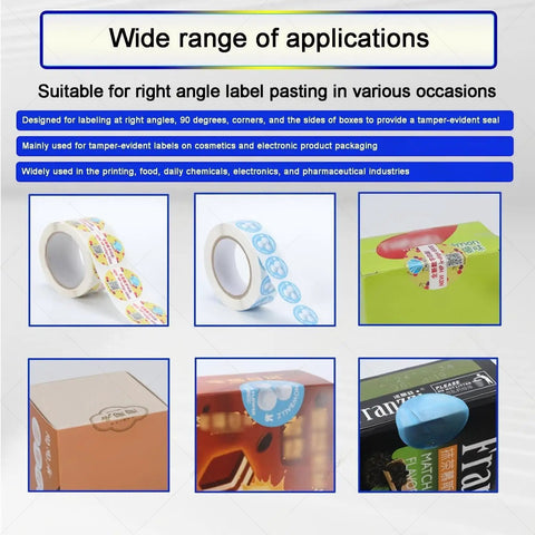 Wide range of labeling options for 90 degree corners using tamper-evident seals on product packaging like cosmetics and electronics.