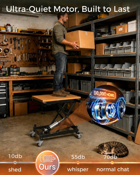 Heavy Duty Electric Lift Table With 320 Lbs Load Capacity in a workshop, shown in use with smooth height adjustment from 8.3 to 22.8 inches.