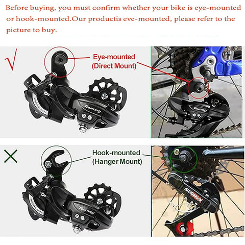 Image showing eye-mounted and hook-mounted options for Rear Derailleur RD TY300 6 To 7 Speed Direct Mount For Road And MTB Bikes.