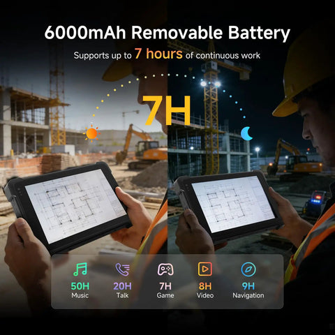 Badass Eight Inch Android 14 Rugged Tablet Packed With Zebra 4710 Barcode And QR Scanner Heavy Duty Industrial PC For Warehouse Logistics And Retail Inventory Tracking With Killer 8GB Plus 128GB Storage used outdoors, showing detailed floor plans, with a 6000mAh removable battery.