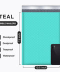 Teal Bubble Mailers 10.5x16 Inch Self Seal Padded Envelopes Waterproof 40 Pack displayed with smartphone for size comparison.