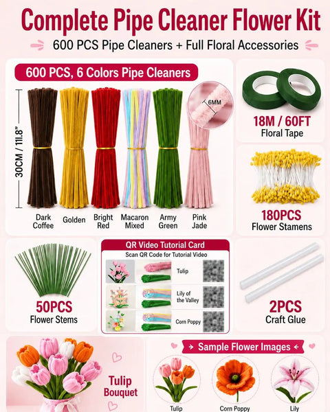 DIY Pipe Cleaner Flower Kit For Adults With Step By Step Video Tutorials 600 Piece Chenille Stem Craft Set contents shown
