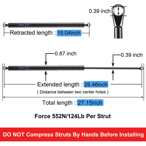 Diagram of Heavy Duty RV Awning Gas Struts For Power Awnings With 69 To 78 Inch Arm, 26 Inch Length, 124 Pound Each