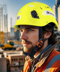 Side view of a man wearing a Six Point Suspension Work Hard Hat With Ventilated Design For All Day Comfort, fluorescent yellow helmet.