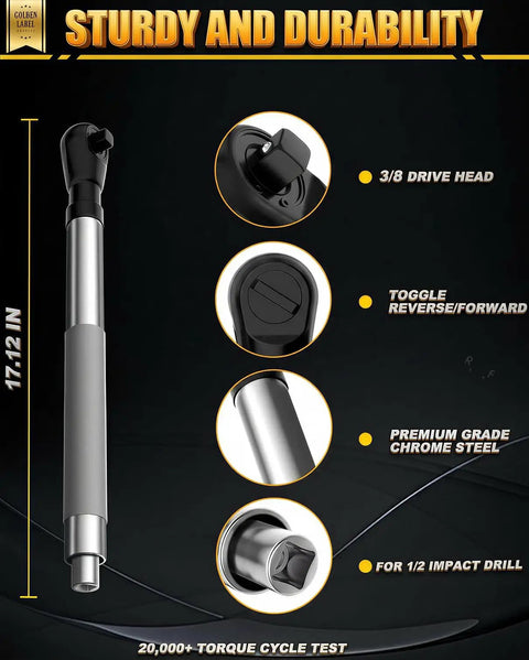 Seventeen Inch Offset Extension Wrench For Drills And Impact Tools With Three Eighths Inch Offset And Zero Degree Swing, shown with features