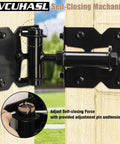 Heavy Duty Gate Hinges For Vinyl And Wooden Fence Gates Self Closing With 90 Degree Adjustable Operation shown with tension rod