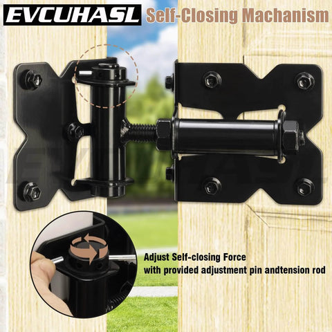 Heavy Duty Gate Hinges For Vinyl And Wooden Fence Gates Self Closing With 90 Degree Adjustable Operation shown with tension rod