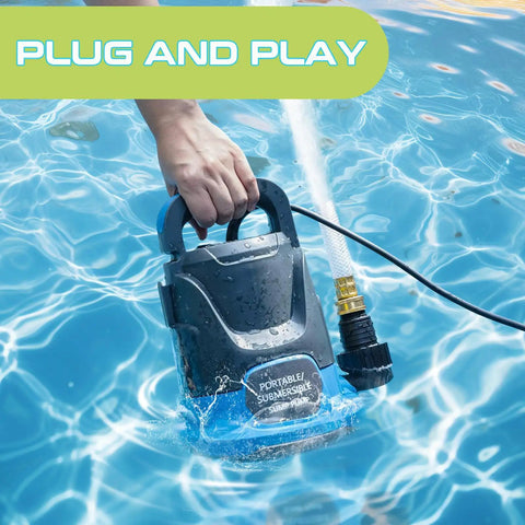 1HP Submersible Sump Pump 3700GPH Portable Electric Water Transfer Pump in action for pool draining, hand-held in water