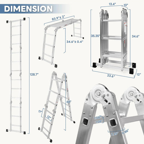 Lightweight Folding Ladder For Home And Outdoors Extendable A Frame Step Ladder With Sturdy Locking Joints Anti Slip Feet Stable Leaning And A Frame Modes Portable DIY Tool For Roof Garage Attic And More, 128.7 in