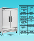 54 Inch Bottom Mount Double Door Commercial Reach In Freezer 49 Cubic Feet Stainless Steel Restaurant Workhorse Built Tough For Serious Kitchen Hustle With Zero Sweat Setup, showing front view with specifications.