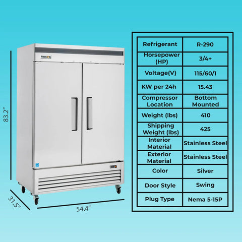 54 Inch Bottom Mount Double Door Commercial Reach In Freezer 49 Cubic Feet Stainless Steel Restaurant Workhorse Built Tough For Serious Kitchen Hustle With Zero Sweat Setup, showing front view with specifications.