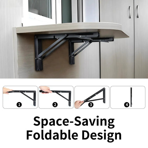 Heavy Duty Black Folding Shelf Brackets Wall Mounted Space Savers Steel Collapsible Supports Built Tough For Diy Workbench Desktop Kitchen Rack 330 Lb Pack Of Two with foldable design
