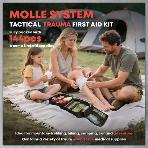 Black MOLLE System Tactical Trauma First Aid Kit in an open roll-out pouch on a camping blanket showing medical supplies
