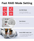 Fast RAID mode setting guide for Dead Simple Dual Bay M.2 Nvme Sata Raid Enclosure Clone Dock featuring buttons and instructions.